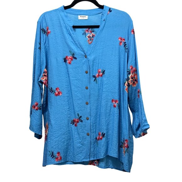 Kindred Tops - Kindred Embroidered Floral Button-Down Shirt 2X Blue 100% Polyester